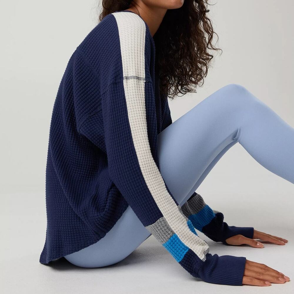 OFFLINE By Aerie Wow! Waffle Notch Neck Long Sleeve T-Shirt Thumbhole Royal Navy